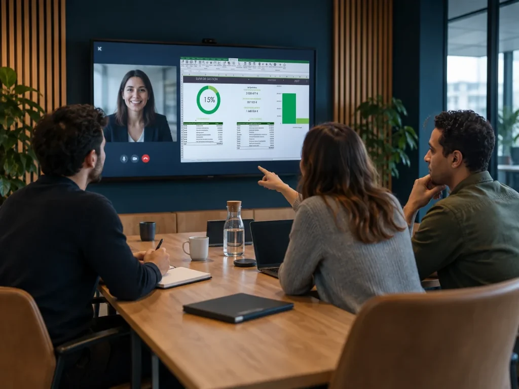 Réunion en visioconférence devant un tableau de bord BI Reporting
