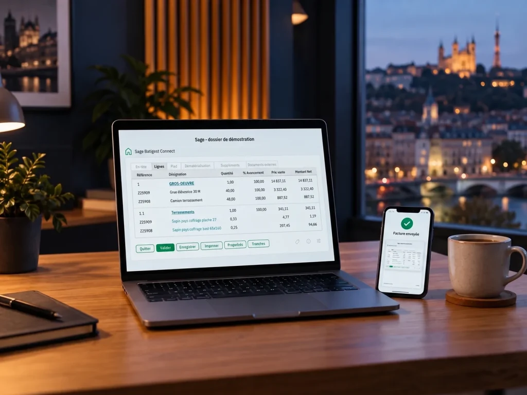 Facture électronique affichée dans Sage Batigest Connect sur un ordinateur portable
