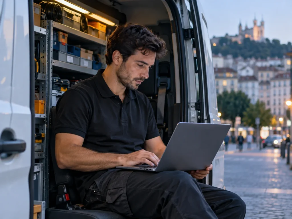 Artisan travaillant sur son ordinateur portable depuis son utilitaire