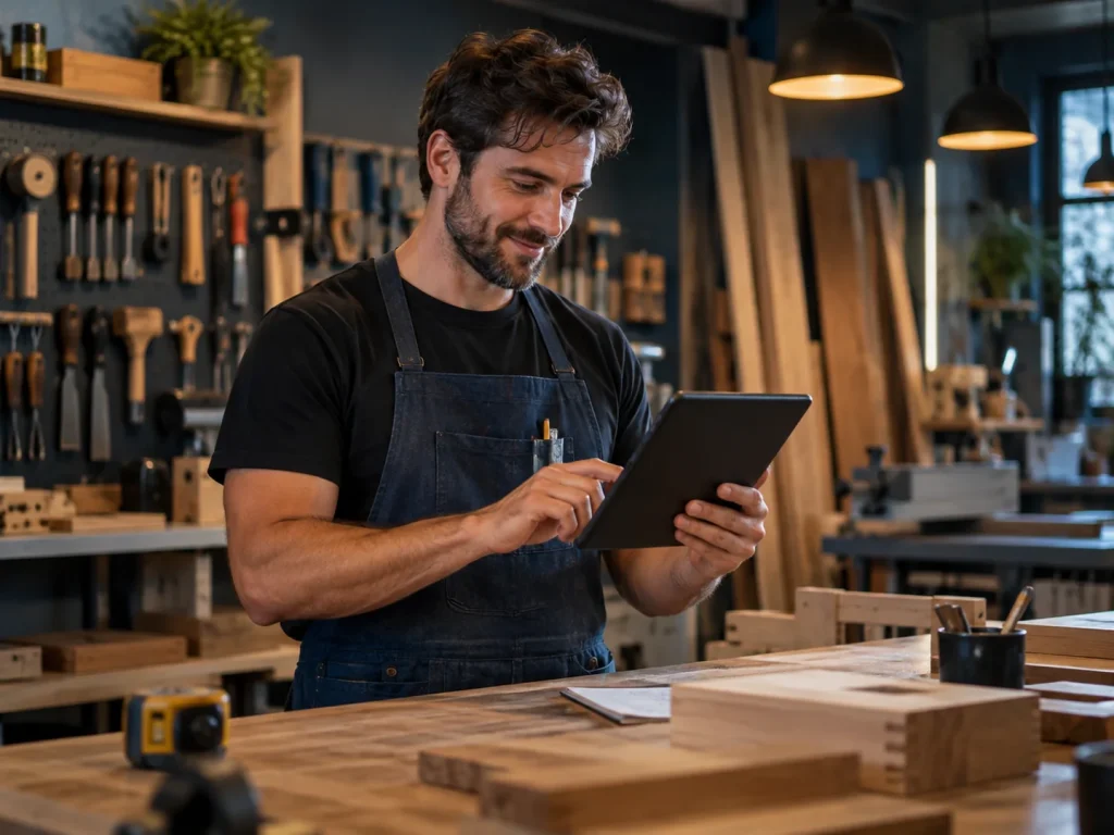 Artisan dans son atelier consultant son logiciel de gestion sur tablette