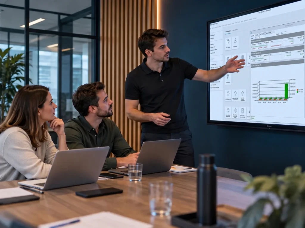Présentation de Sage Batigest Connect sur grand écran en réunion